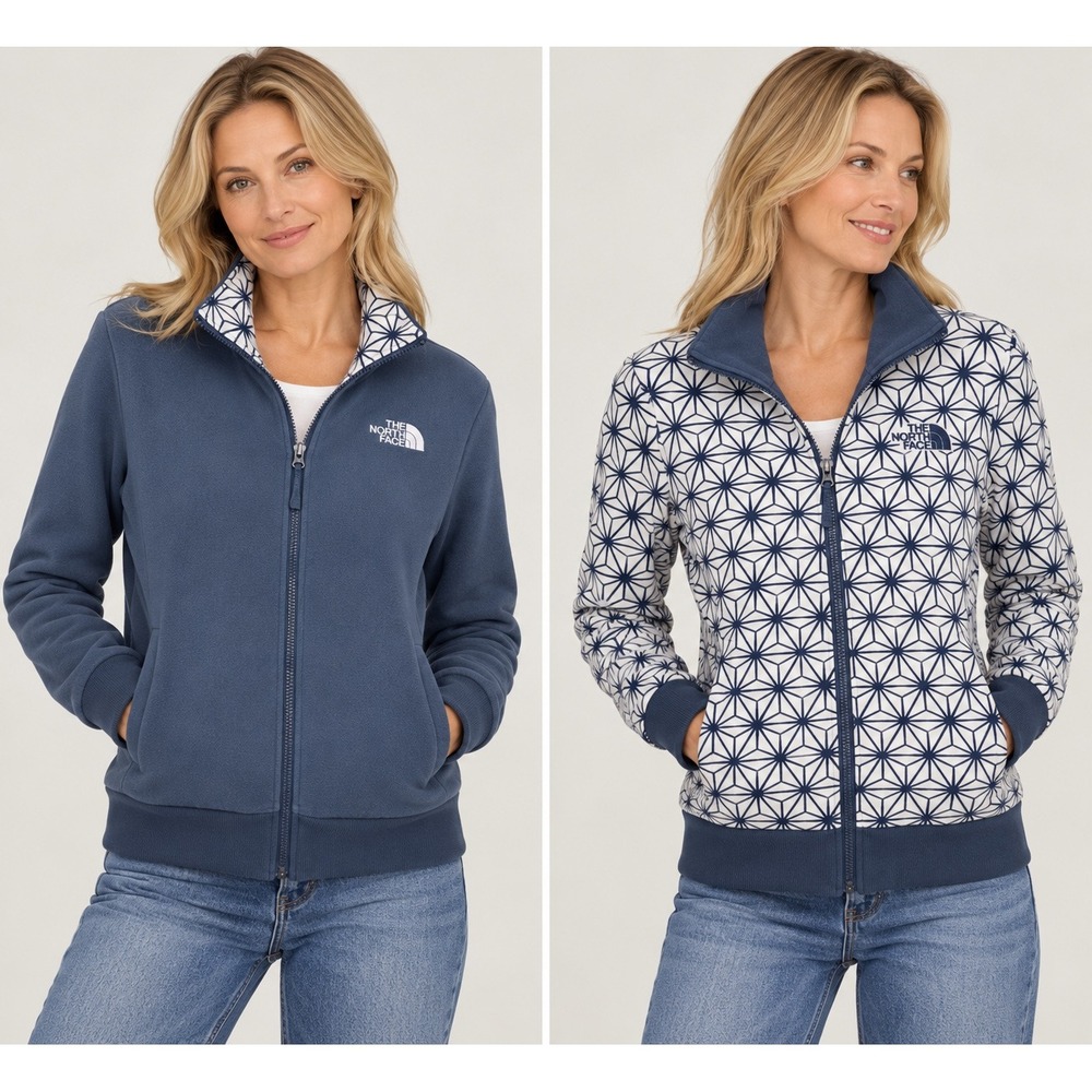 The North Face Reversible Full Zip Jacket Navy Blue Geometric Print Women M
